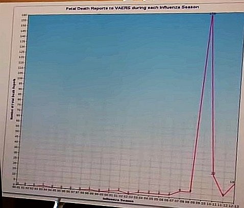 diagram shows Flu vaccine deaths according to the US VAERS spiked in 2010 when a second vaccine against Swine Flu was given.