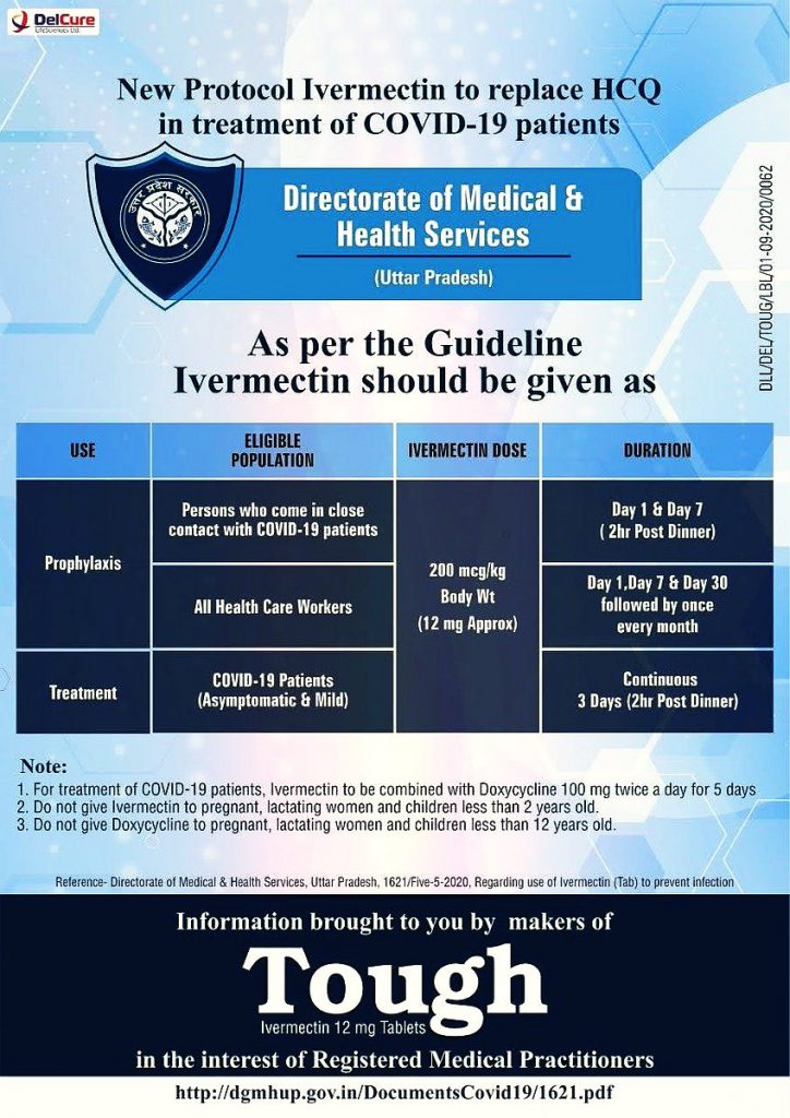 Ivermectin protocol to treat covid-19 patients
from the Directorate of Medical & Health Services Uttar Pradesh