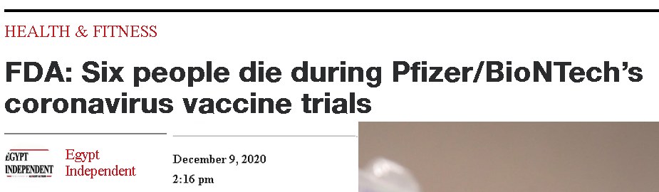 newspaper headline: 
FDA: six people die during Pfize/Biotech's coronavirus vaccine trials