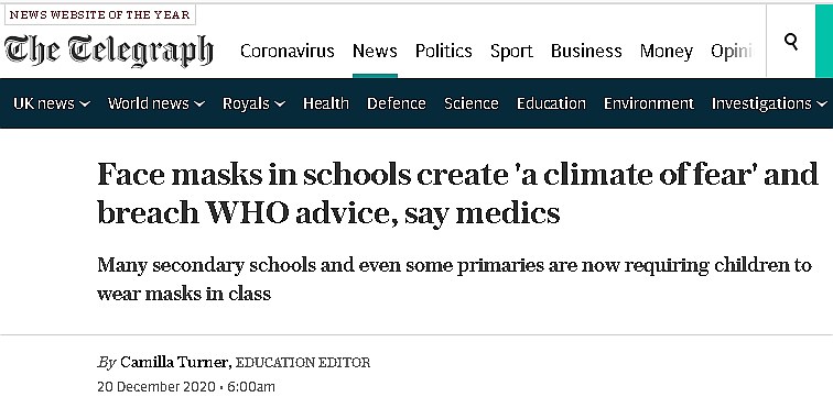 Telegraph headline: face masks in schools  create a climate of fear