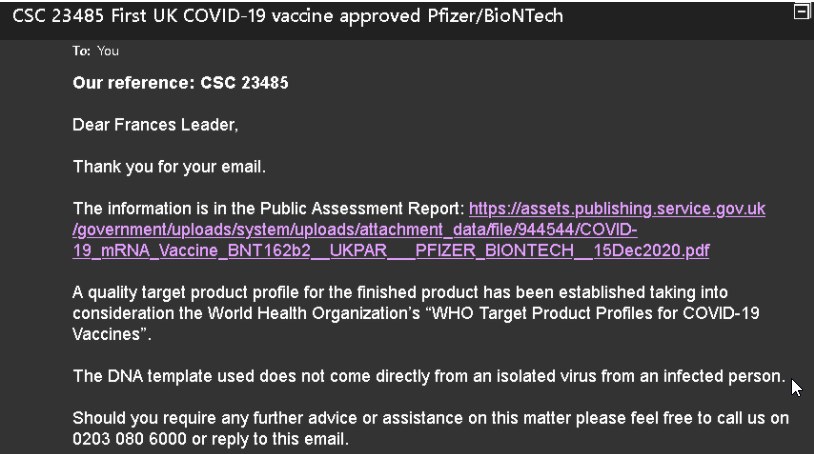 EMAIL EXCHANGE Frances Leader WITH UK MHRA - Exposes the DNA template used does not come from an isolated virus from an infected person