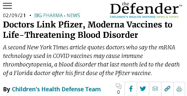The Defender headline: doctors link pfizer, moderna vaccines to life-threatening blood disorder